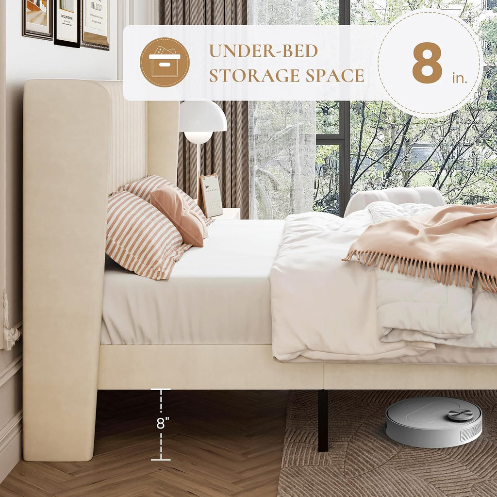 SHA CERLIN Queen Size Velvet Bed Frame with Vertical Channel Tufted Wingback Headboard, Upholstered Platform Bed with Wood Slats, No Box Spring Needed, Easy Assembly, Cream White