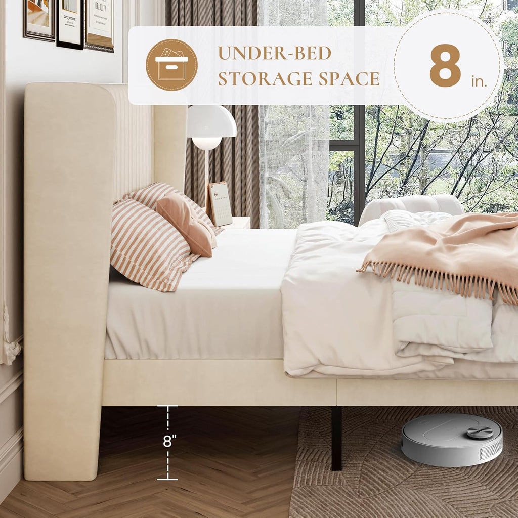 SHA CERLIN Full Size Velvet Bed Frame with Vertical Channel Tufted Wingback Headboard, Upholstered Platform Bed with Wood Slats, No Box Spring Needed, Easy Assembly, Cream White