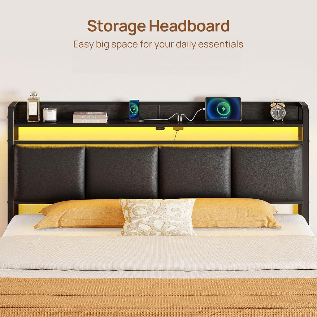 Rolanstar Bed Frame Full Size with Charging Station and LED Lights, Upholstered Storage Headboard with Drawers, Heavy Duty Metal Slats, No Box Spring Needed, Easy Assembly, Black
