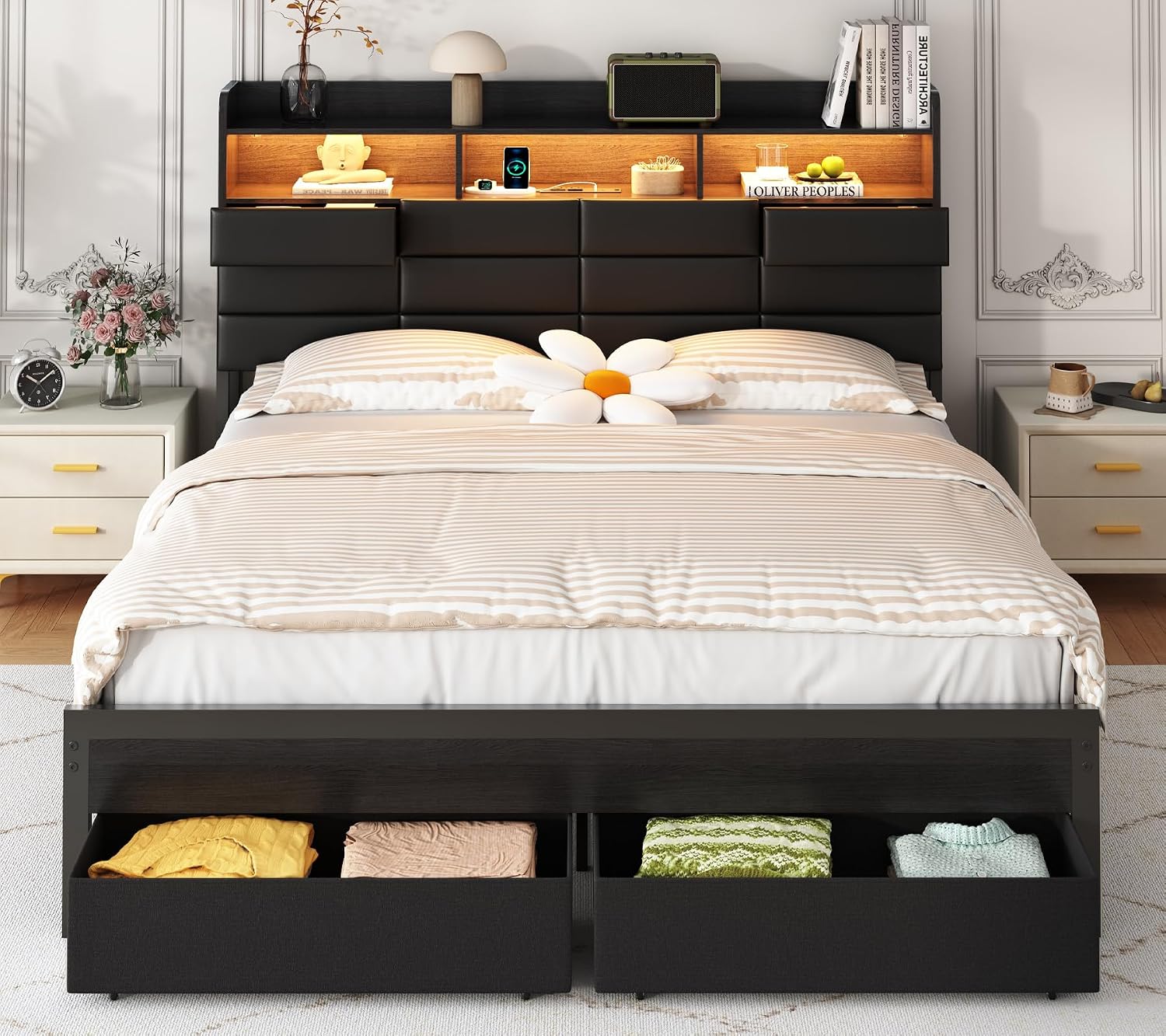 King Bed Frame with Storage Headboard, Upholstered Black Bed Frame with 4 Drawers, LED Lights, and Charging Station, Heavy-Duty Metal Slats Support, Noise-Free