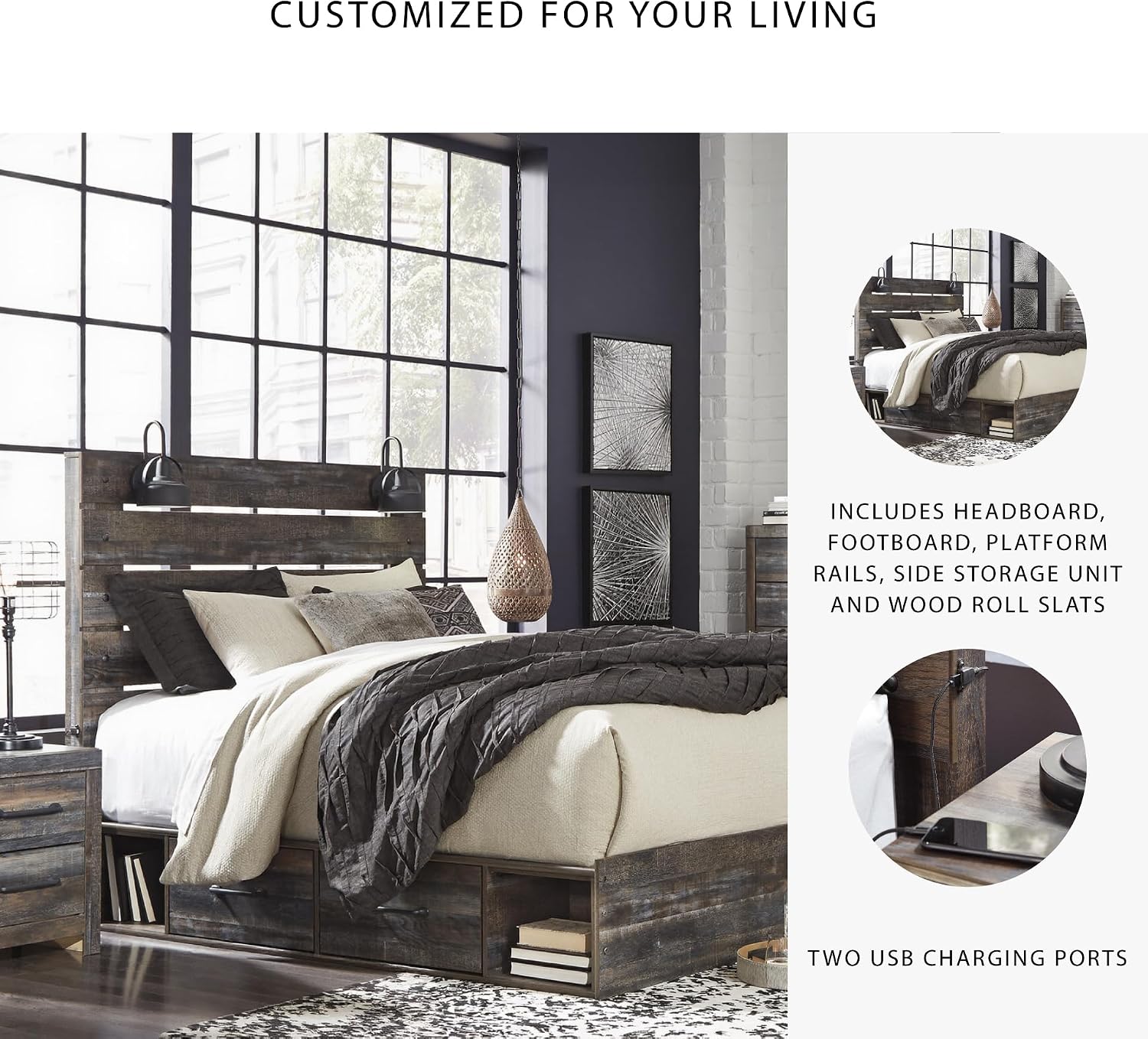 Signature Design by Ashley Drystan Rustic Queen Panel Platform Bed with 2 Storage Drawers, Open Cubbies, Sconce LED Lights and USB Ports, Foundation or Box Spring Not Needed, Dark Brown & Gray