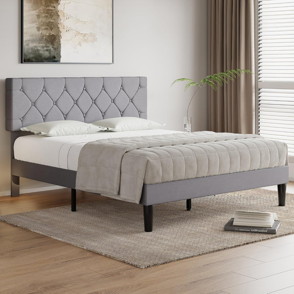 VECELO Full Size Bed Frame with Button Tufted Headboard, Upholstered Platform Bedframe with Wood Slat Support, No Box Spring Needed, Dark Grey