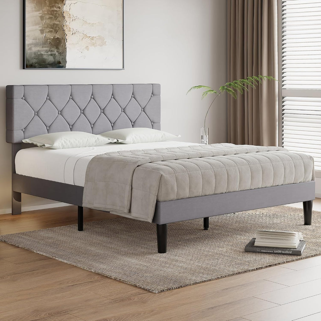 VECELO Queen Size Bed Frame with Button Tufted Headboard, Upholstered Platform Bedframe with Wood Slat Support, No Box Spring Needed, Linen Grey