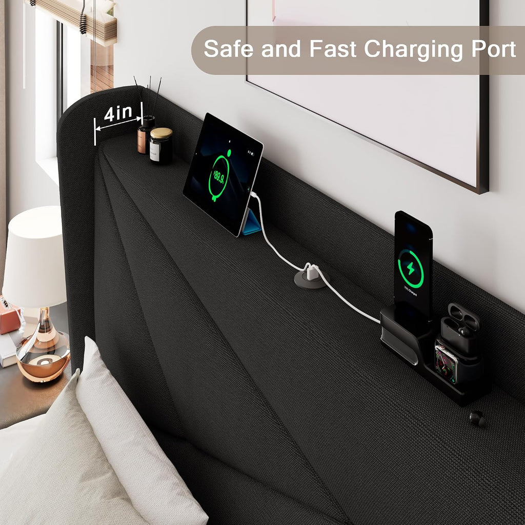 Einhomn Full Size Upholstered Bed Frame with Charging Station, Platform Bed Frame with Storage Headboard, Solid Wood Slats Support, No Box Spring Needed,Black
