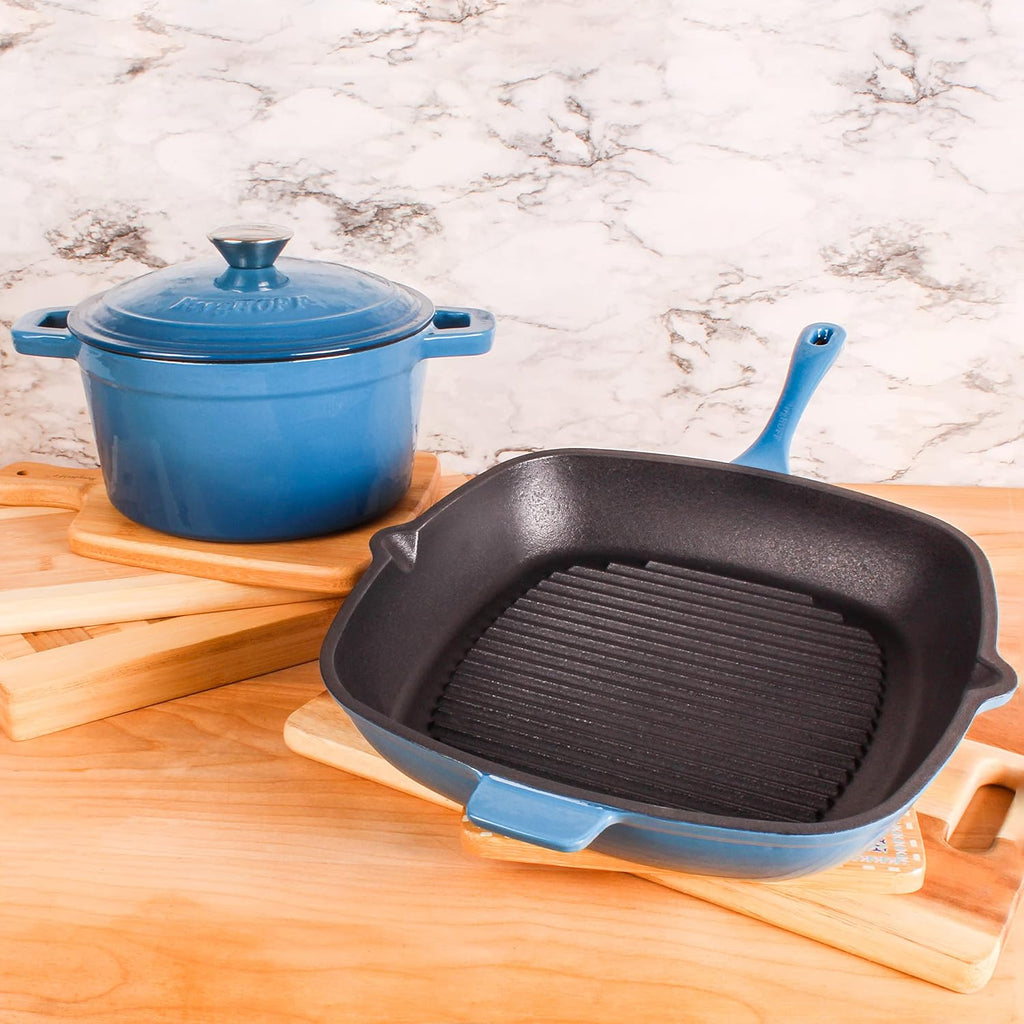 BergHOFF 3Pc Neo Enameled Cast Iron Cookware Set, 3qt. Dutch Oven, Matching Lid, Square Grill Pan 11 Inches, Oven Safe Up To 400°F, Blue