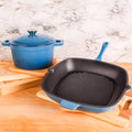 BergHOFF 3Pc Neo Enameled Cast Iron Cookware Set, 3qt. Dutch Oven, Matching Lid, Square Grill Pan 11 Inches, Oven Safe Up To 400°F, Blue