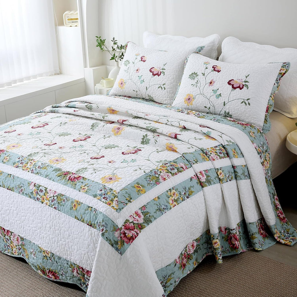 vctops 3-Piece Elegant Floral Embroidered Bedspread Coverlet Set 100% Cotton Reversible Patchwork 1 Quilt and 2 Pillow Shams Full/Queen, Flower G