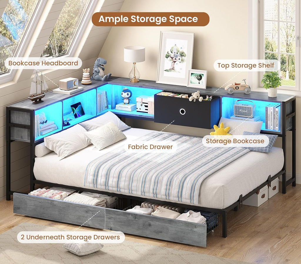Hasuit Full Corner Bed Frame with Storage Drawers and Bookcase Headboard, Full Size Metal Platform Corner Bed Frame with Charging Station and LED Lights, Full Daybed for Kids Teens Guests, Oak Gray