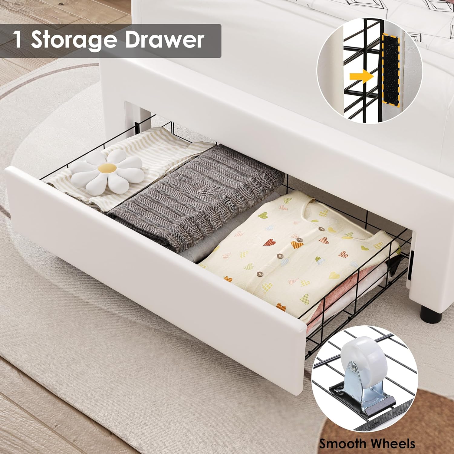 Keyluv Twin Upholstered LED Bed Frame with Storage Drawer, Leather Princess Platform Bed with Adjustable Crystal Button Tufted Crown Headboard, Solid Wooden Slats Support, No Box Spring Needed, White