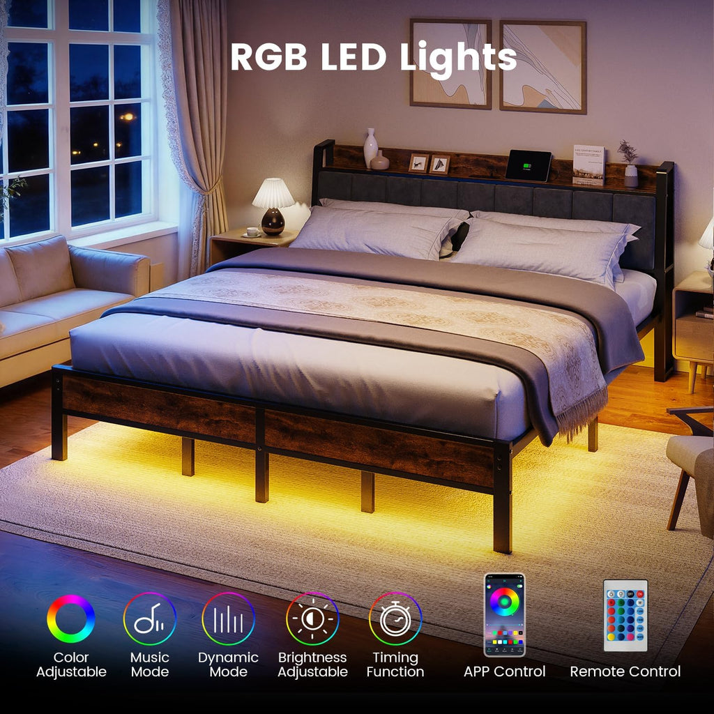 King Size Bed Frame with USB Charging Station, Storage Headboard with Smart LED Lights, Metal Platform Bed Noise Free, No Box Spring Needed, Easy Assembly