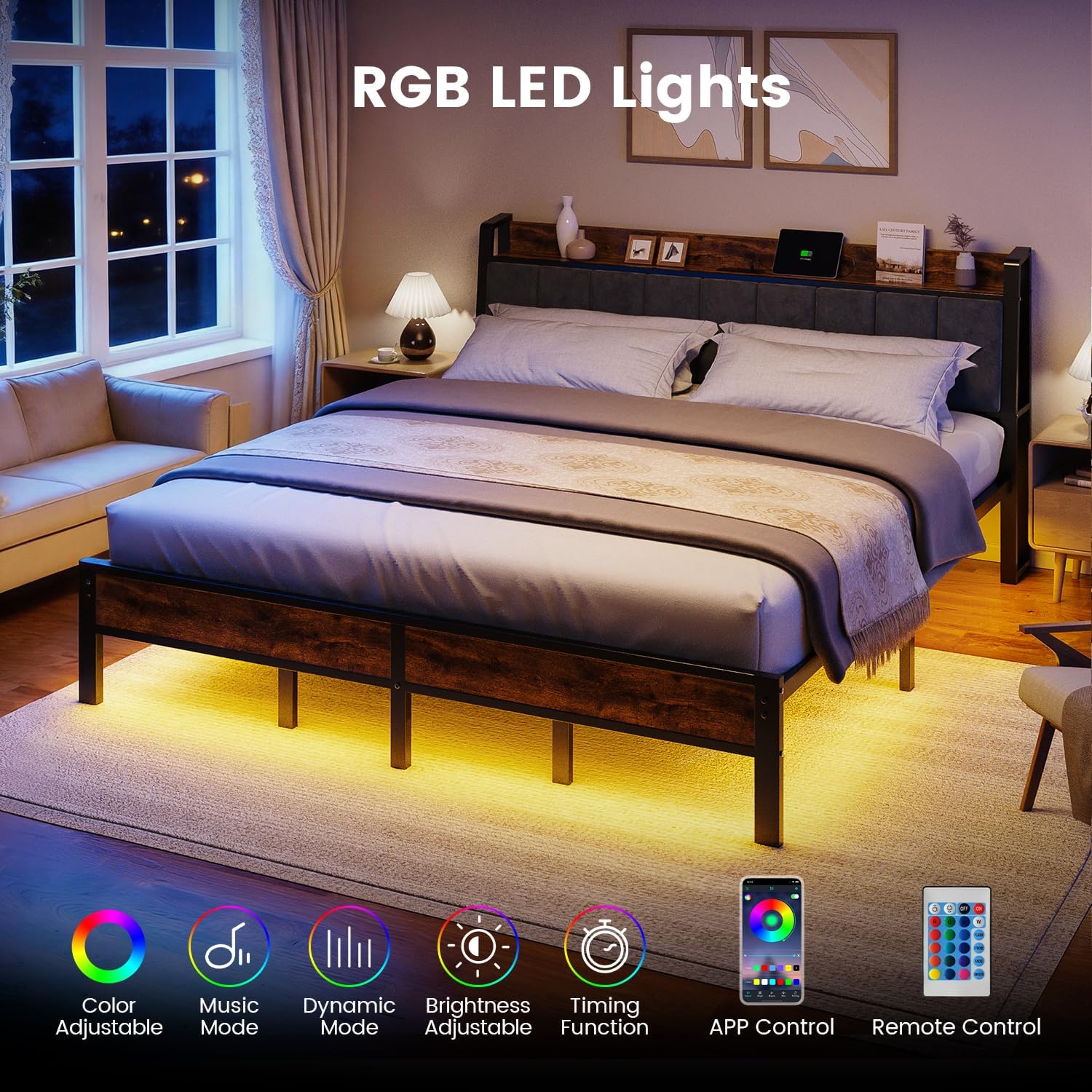 King Size Bed Frame with USB Charging Station, Storage Headboard with Smart LED Lights, Metal Platform Bed Noise Free, No Box Spring Needed, Easy Assembly