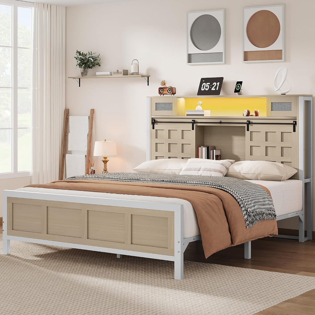 YITAHOME Farmhouse Bed Frame Queen Size, 49.14' Tall Storage Headboard, Led Light & Charging Station, Sliding Barn Door, Wooden Platform Bed Frame, Metal Slats Support, No Box Spring Needed, Oak