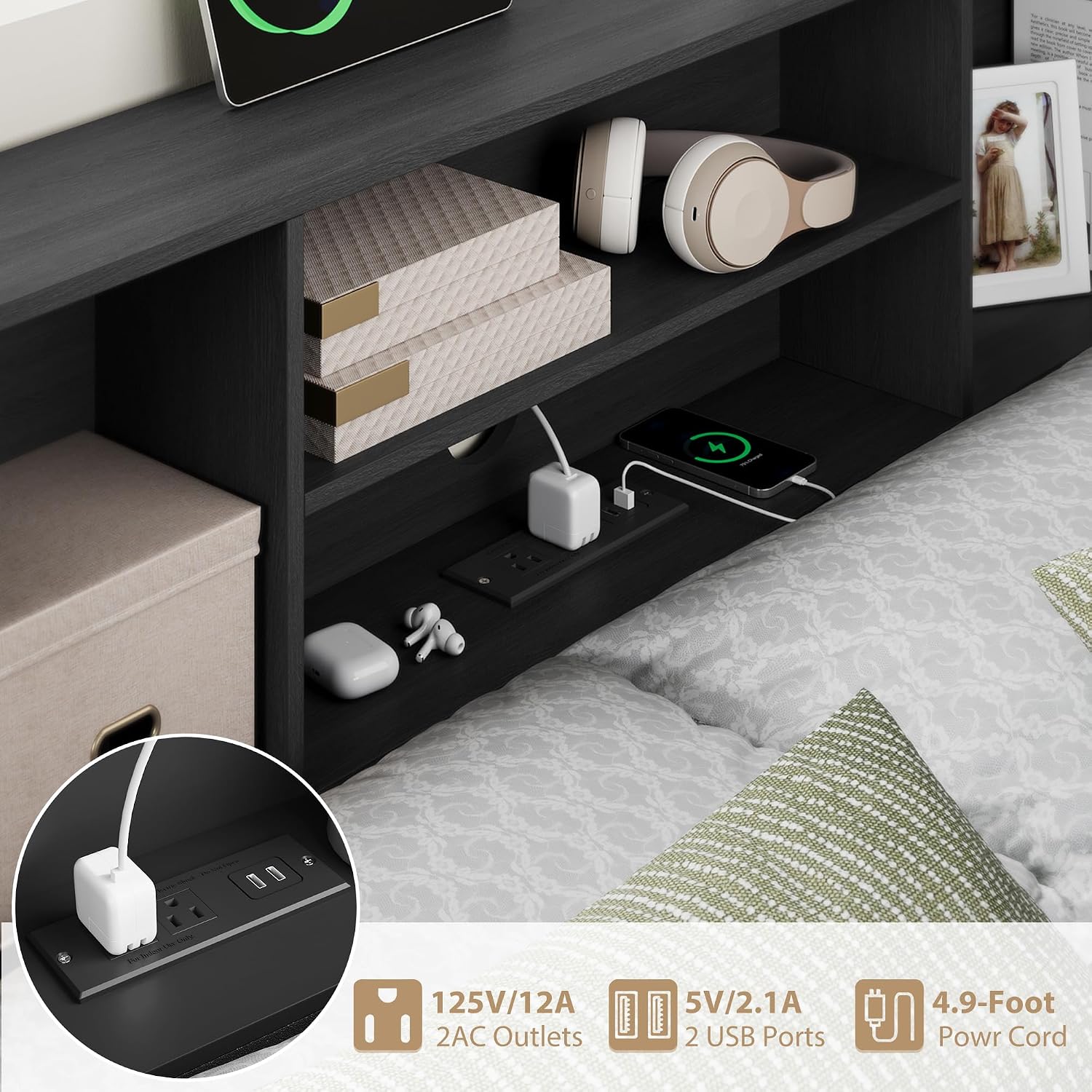 Corner Bed Frame with High Footboard Design, Twin Size Bed Frame with 2 Storage Drawers and 8 Bookcases, Twin Size Daybed with Charging Station for Kids Teens