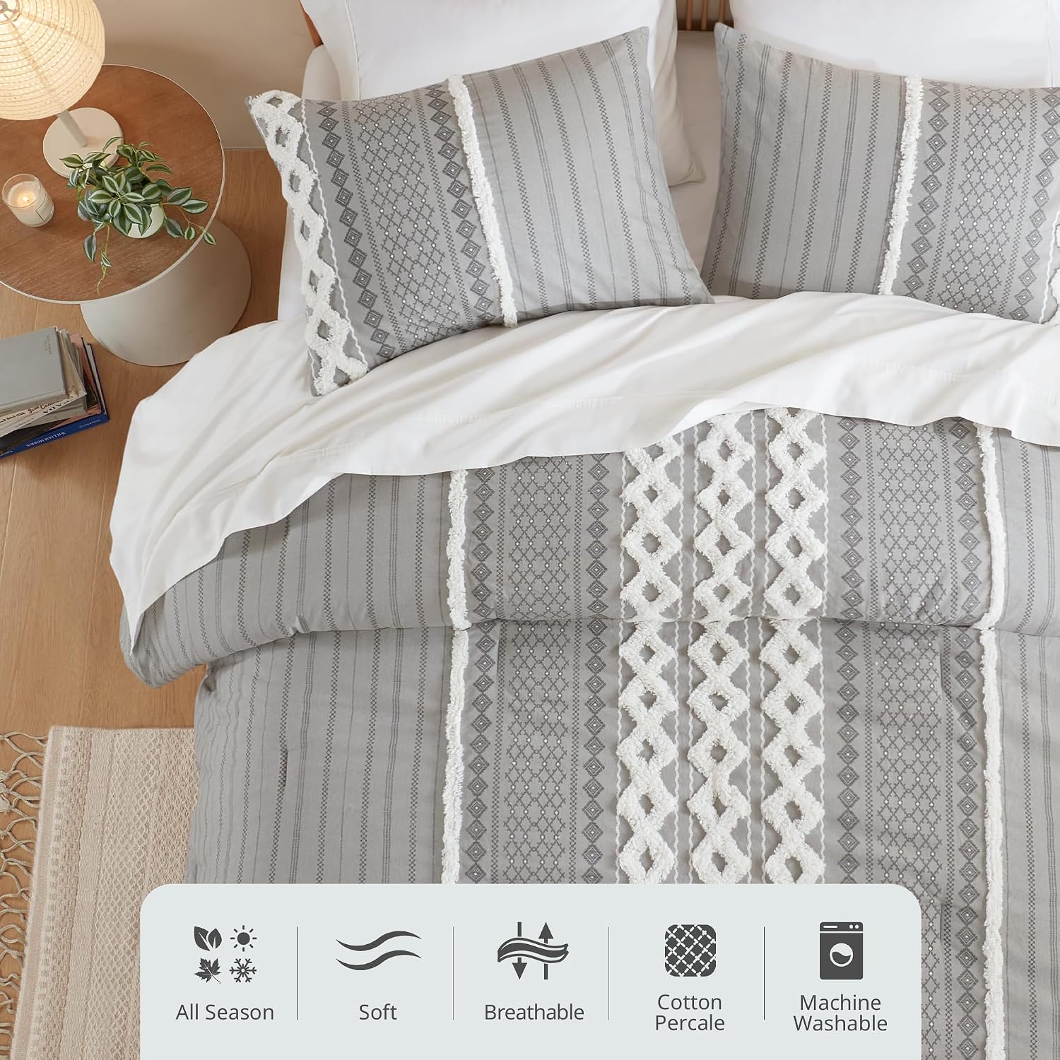 INK+IVY King Comforter Set, Boho Comforters, Breathable Cotton Bed Set, All Season Modern Chenille Tufted Comforter with Farmhouse Bedding Flare, Gifts for Woman, Gray 3 Piece