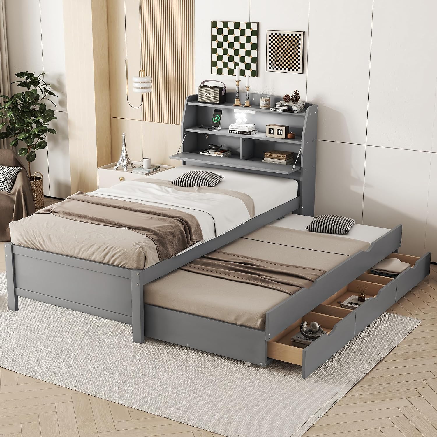Bellemave Twin Size Wooden Platform Bed with Trundle & LED Storage Headboard - 3 Drawers, Wood Twin Captain Bed with USB Outlets and Hidden Flip-Up Compartment for Kids Teens Boys Girls (Gray)