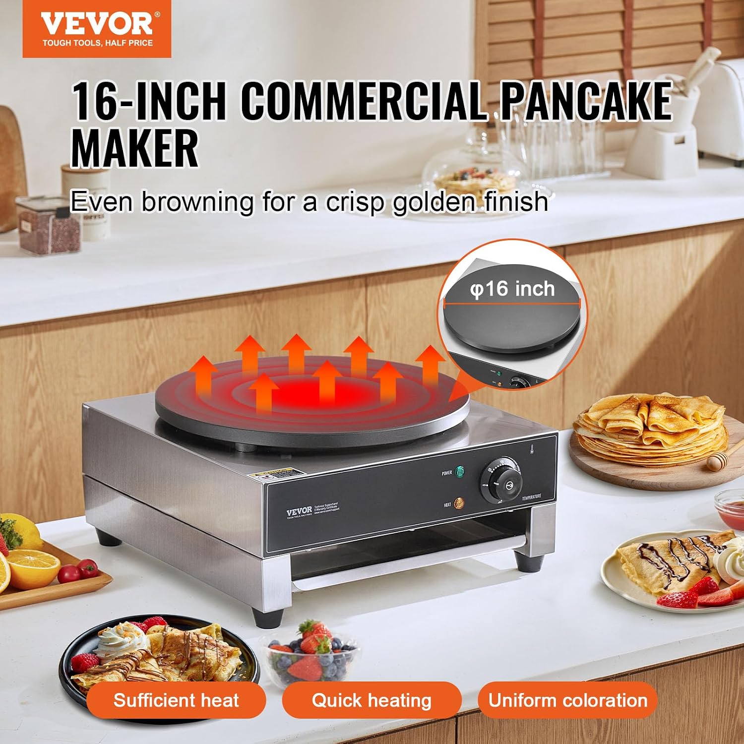 VEVOR Electric Crepe Maker, 16-Inch Commercial Crepe Machine, 1700W Flat Plate Crepe Griddle, Nonstick Stainless Steel Pancake Making Machine, Desktop Circular Cereals Pancake Stove with Temp Control