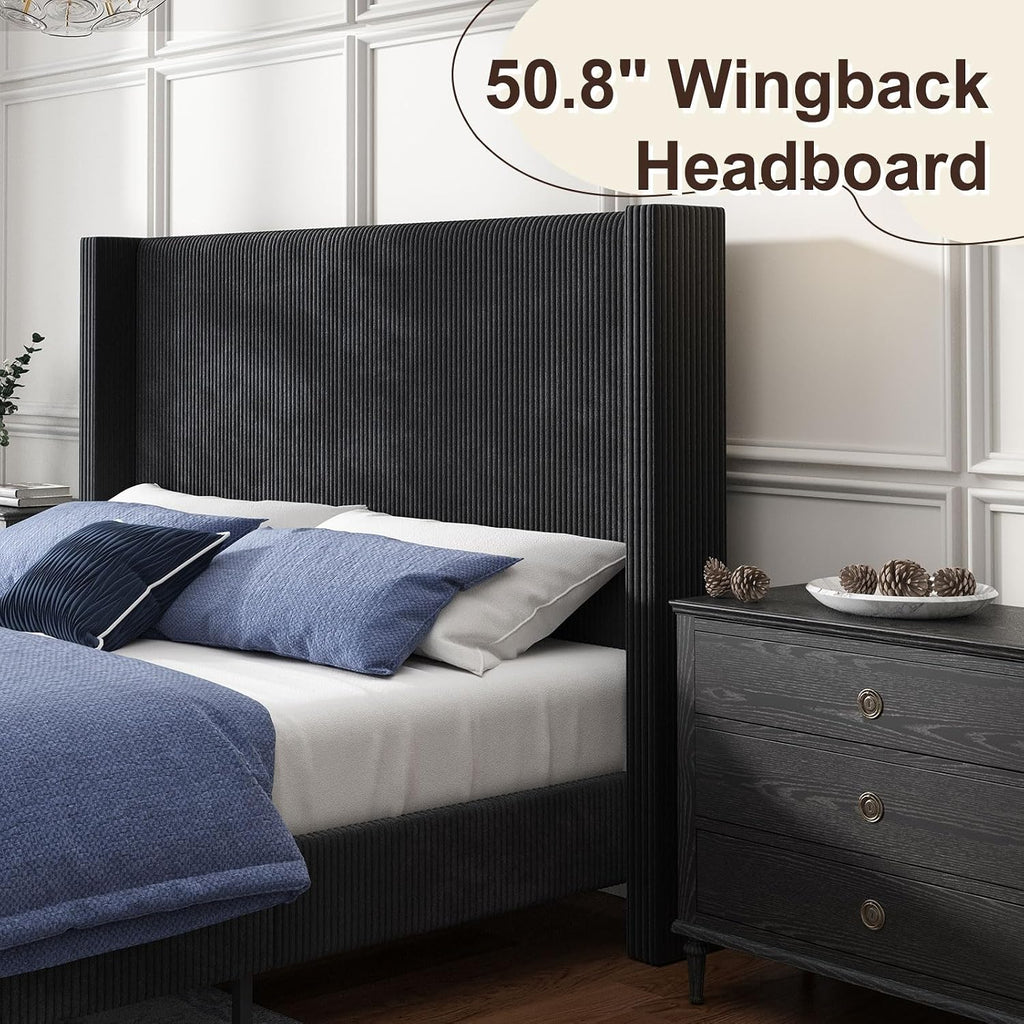 HOWE King Size Bed Frame with 50.8' Tall Wingback Headboard, Modern Corduroy Upholstered Platform Bed Frame with Solid Wood Slats & Legs, No Box Spring Needed, Noise-Reducing Design, Black