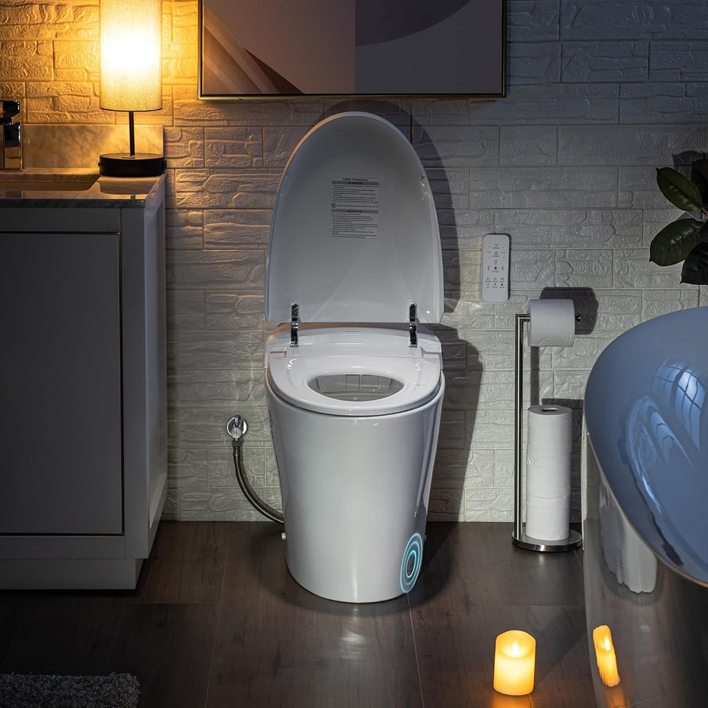 WOODBRIDGE B0970S One Piece Elongated Smart Tankless Bidet Toilet, ADA Height, Auto Flush, Foot Sensor Operation, Heated Seat with Integrated Multi Function Remote Control in White