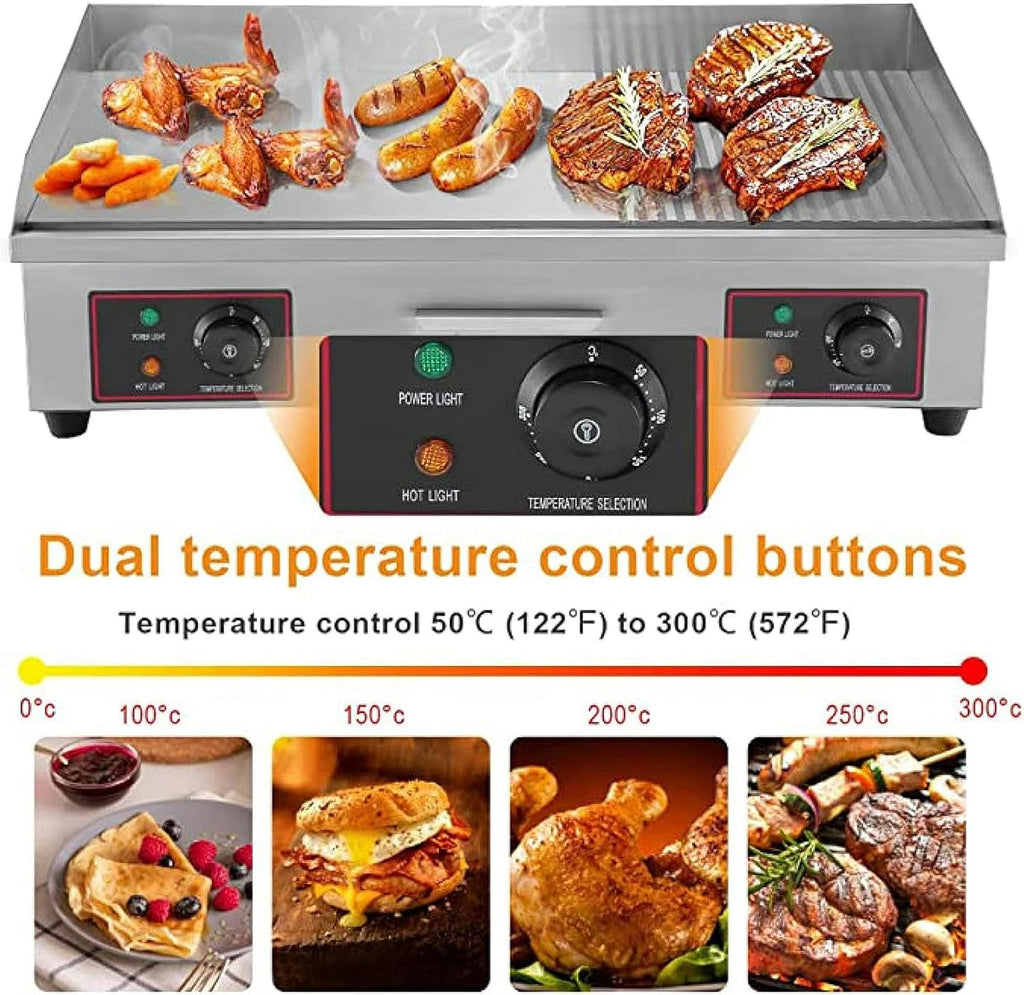 29' Commercial Electric Griddle, Half Grooved/Flat Countertop Bakeware Non-Stick Teppanyaki Stainless Steel Grill with Dual Temperature Control Button, 220V 4400W