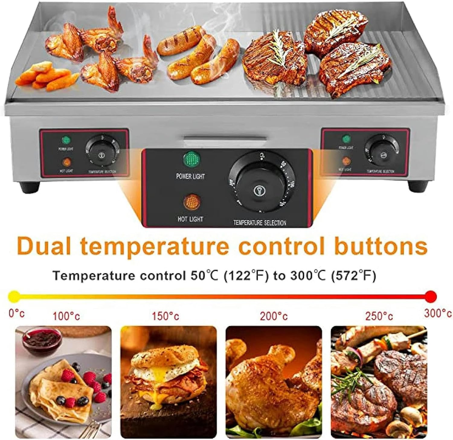 29' Commercial Electric Griddle, Half Grooved/Flat Countertop Bakeware Non-Stick Teppanyaki Stainless Steel Grill with Dual Temperature Control Button, 220V 4400W