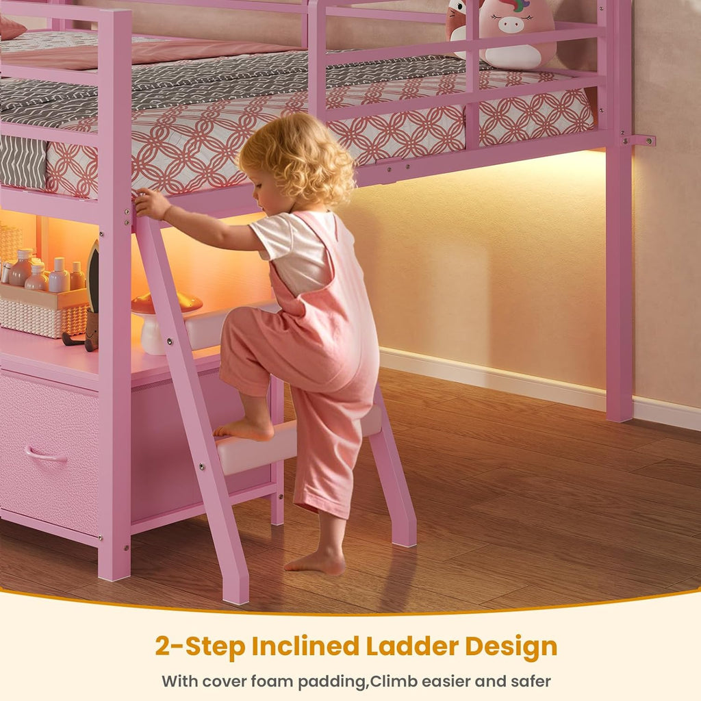 ADORNEVE Low Loft Bed Full Size with 7 Storage Drawers, Bookcase and LED Lights, Metal Kids Loft Bed with 14' H Safety Guardrail,Inclined Ladder and Play Curtain, Under-Bed Play Space, Pink