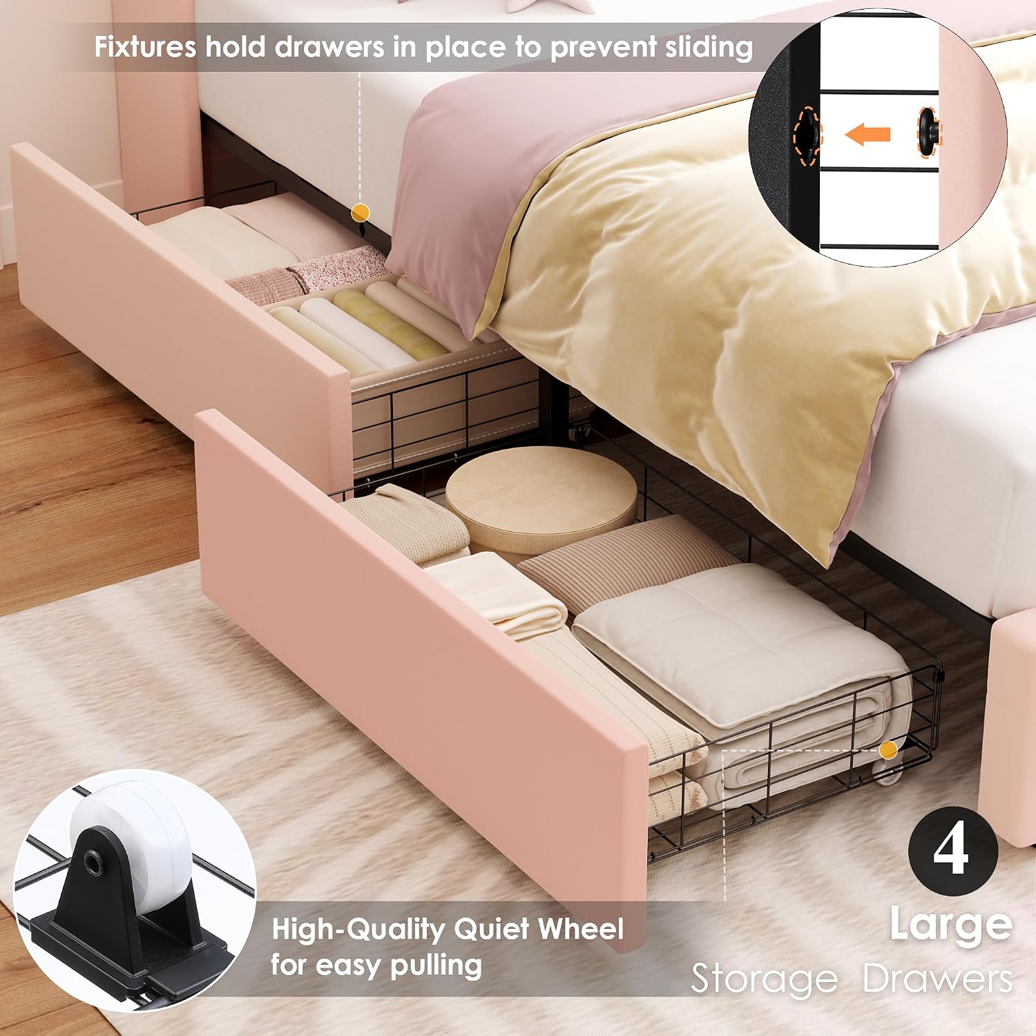 HIFIT Upholstered Full Size LED Bed Frame with Charging Station & 4 Storage Drawers, Velvet Crystal Button-Tufted Wingback Headboard, Princess Platform Bed Frames for Girls, No Box Spring Needed, Pink