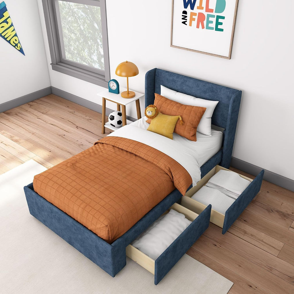 Max & Lily Upholstered Twin Bed Frame with Rectangular Headboard and Two Storage Drawers, Upholstered Platform Bed for Kids, No Box Spring Needed, Easy Assembly, Blue