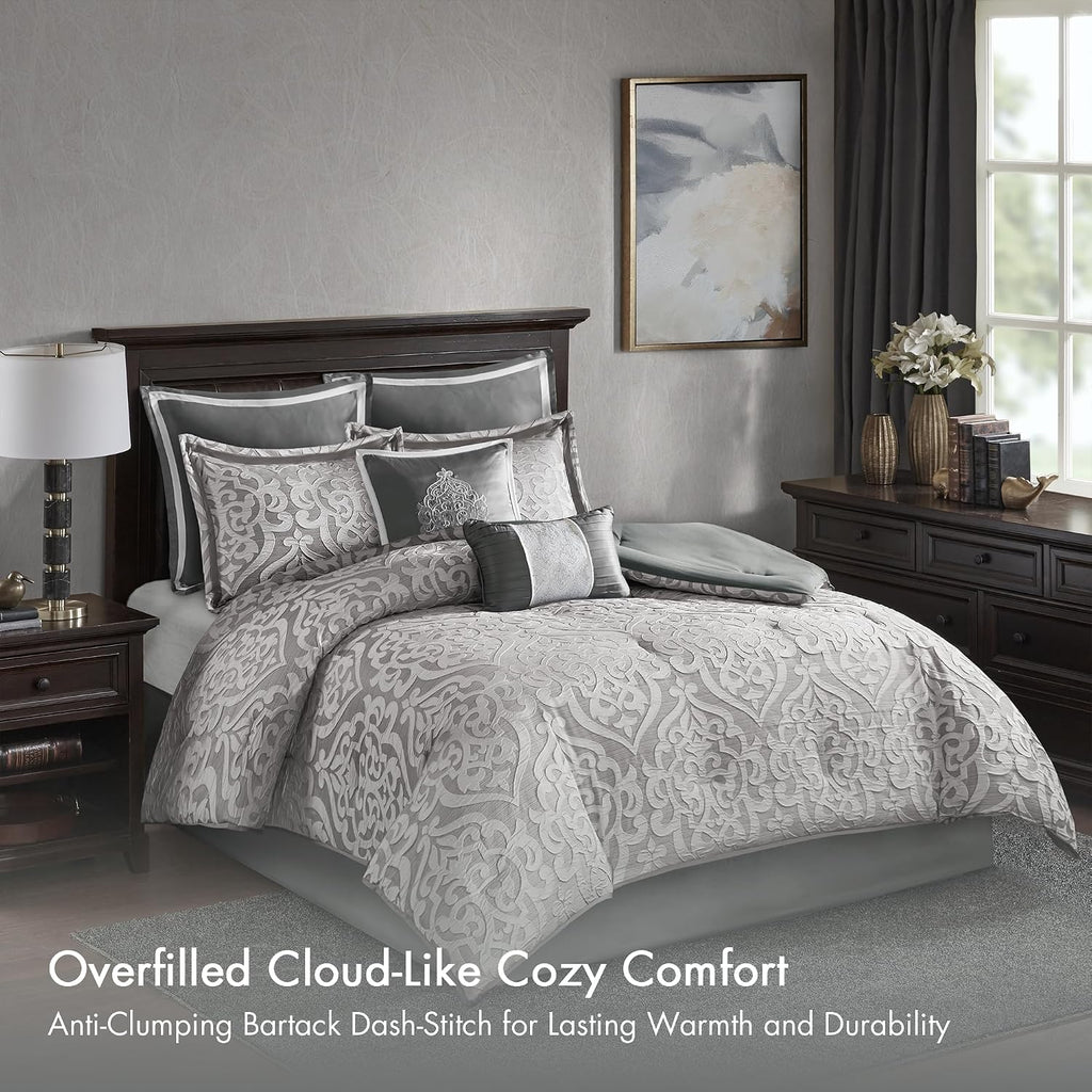 Madison Park Odette Cozy Comforter Set Jacquard Damask Medallion Design - Modern All Season, Down Alternative Bedding, Shams, Decorative Pillows, Queen(90 in x 90 in), Silver 8 Piece