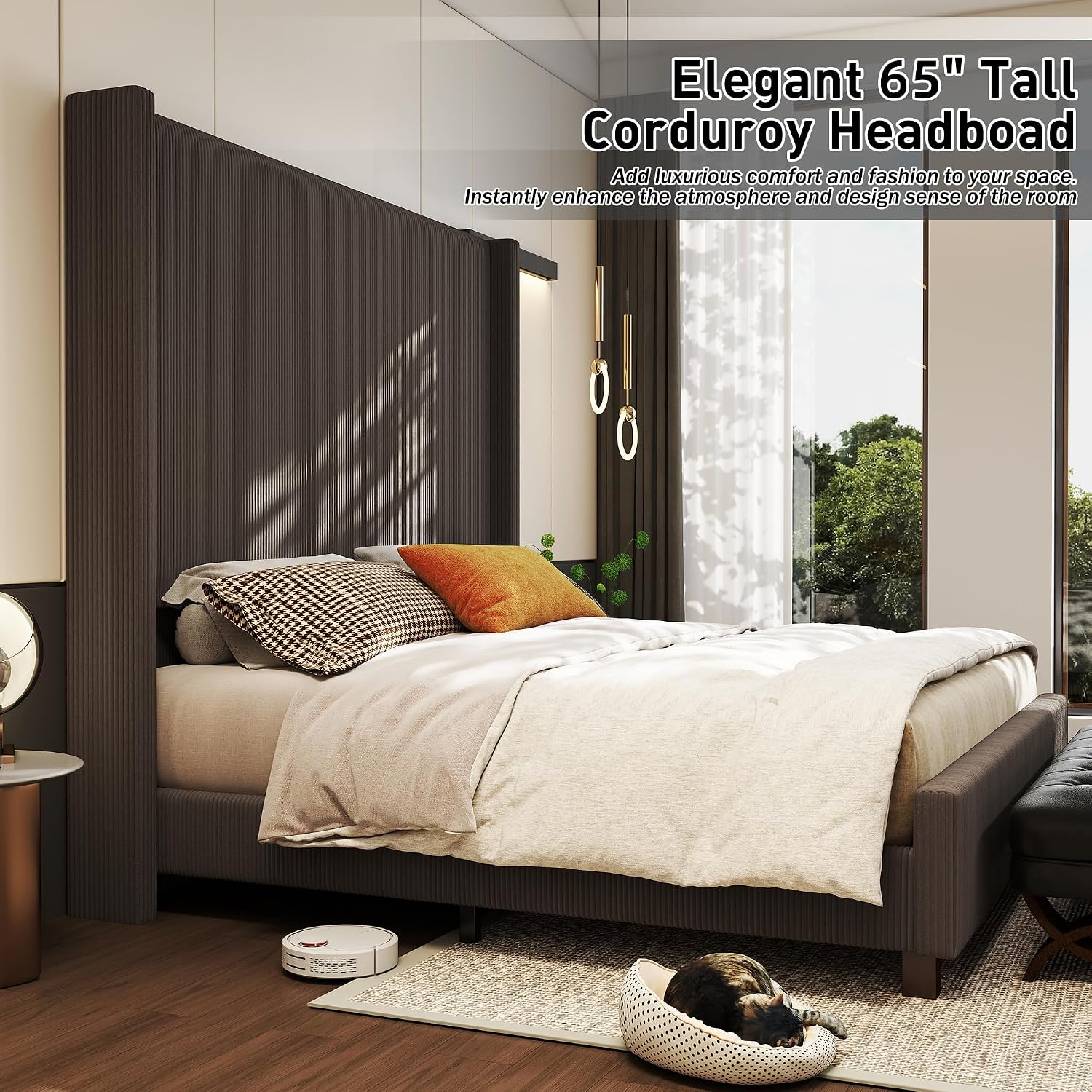 King Size Corduroy Upholstered Bed Frame with 65' Tall Headboard,USB Charging Station,Soft Washable Corduroy Cover with Wingback Headboard, Solid Wood Legs/Noise-Free/No Box Spring Needed/Brown