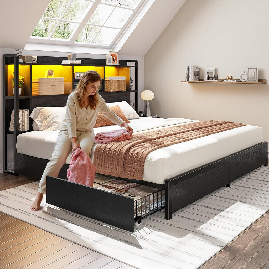 Homkdom King Size Bed Frame with Storage Headboard & 4 Large Drawers King Bed Frame with 51' Tall Headboard 9 Compartments Led Lights & Charging Station,No Box Spring Needed, No Noise,Black