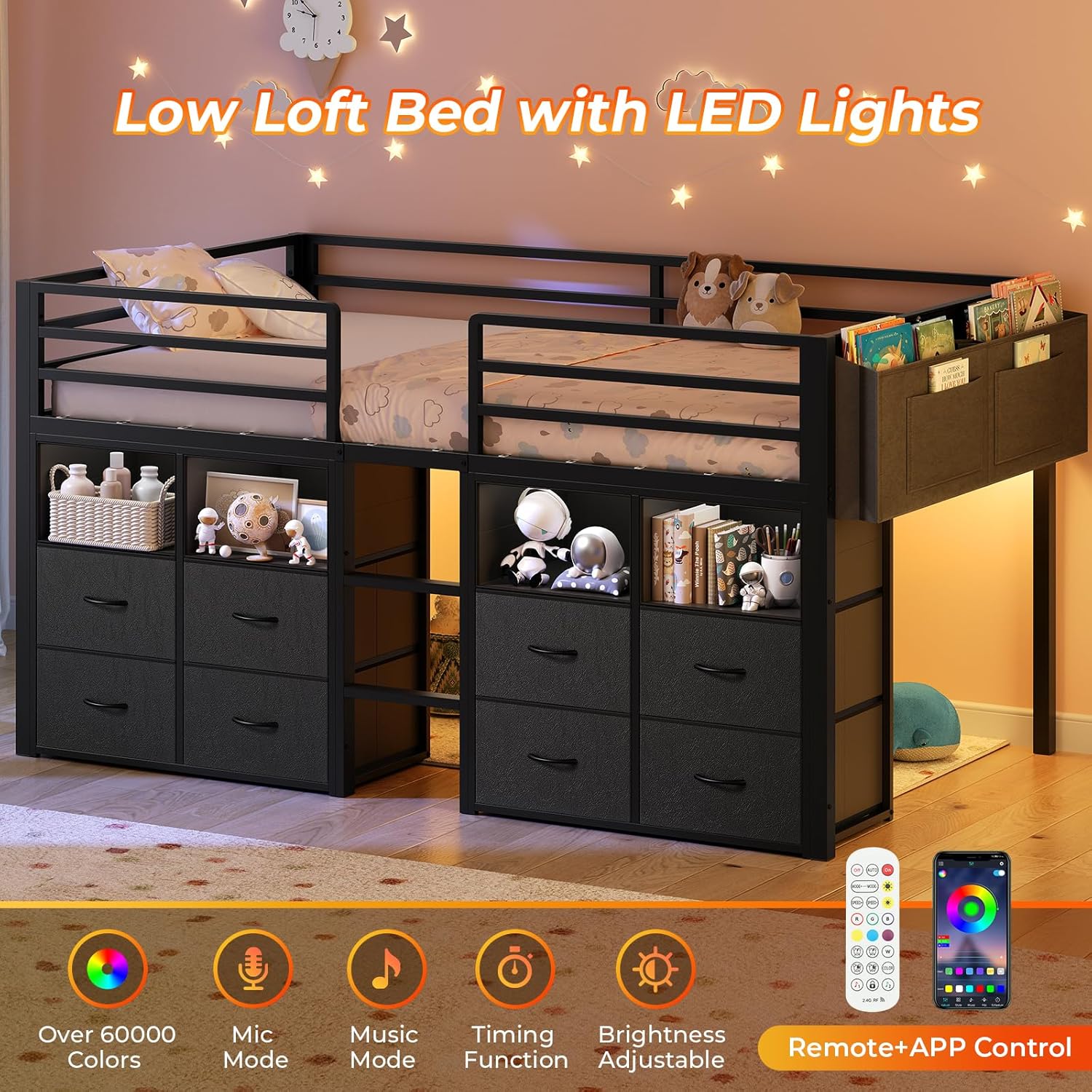 ADORNEVE Low Loft Bed Twin Size with 8 Storage Drawers, Twin Loft Bed with Bookcase and LED Lights, Metal Kids Loft Bed with 14' H Safety Guardrail, Under-Bed Play Space, No Box Spring Needed, Black
