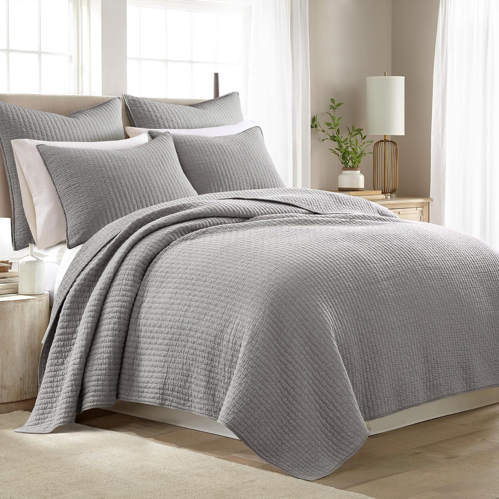 Levtex Home Cross Stitch Reversible King/Cal King Quilt Set (106x92in) and 2 Pillow Shams (36x20in) - Stitch Texture - Light Grey - Cotton King Size Quilt Bedding Set - Lightweight, Soft, Pre-Washed