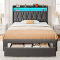 Rolanstar Twin Bed Frame with Drawer, Storage Headboard with Charging Station and LED Lights, Upholstered Bed with Heavy Duty Wood Slats, No Box Spring Needed, Noise Free, Easy Assembly, Dark Grey