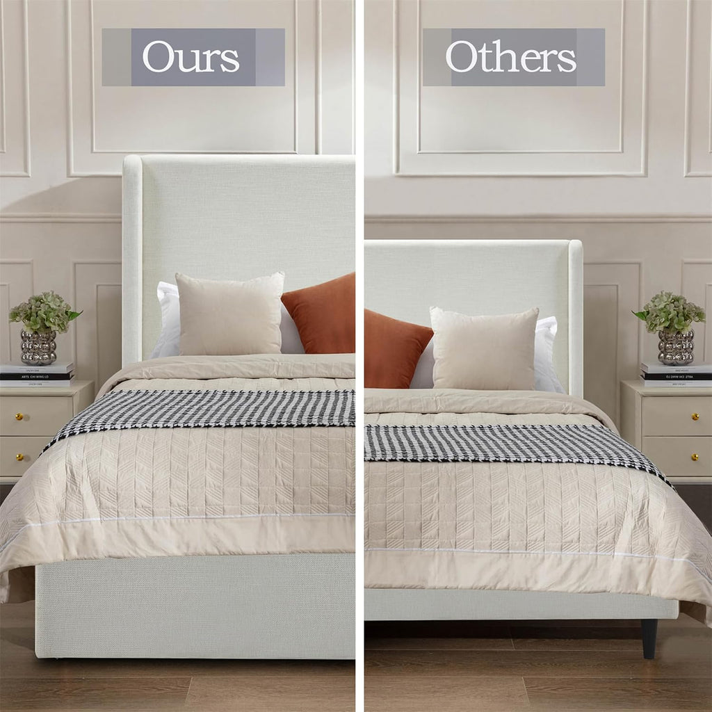 King Textured Canvas Chenille Bed Frame with 52.3' Tall Headboard - Ivory Carmen Wingback Upholstered Platform Bed Elegant Simplicity Bedroom Furniture Strong Wood Slats Support No Box Spring Needed