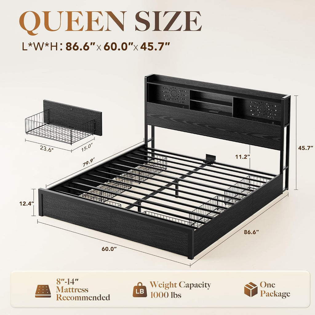 Belffin Queen Bed Frame with 6 Storage Drawers and Carving Headboard, Wooden Bed Frame with Charging Station and LED Lights, No Noise and Easy Assembly, No Box Spring Needed, Vintage Black