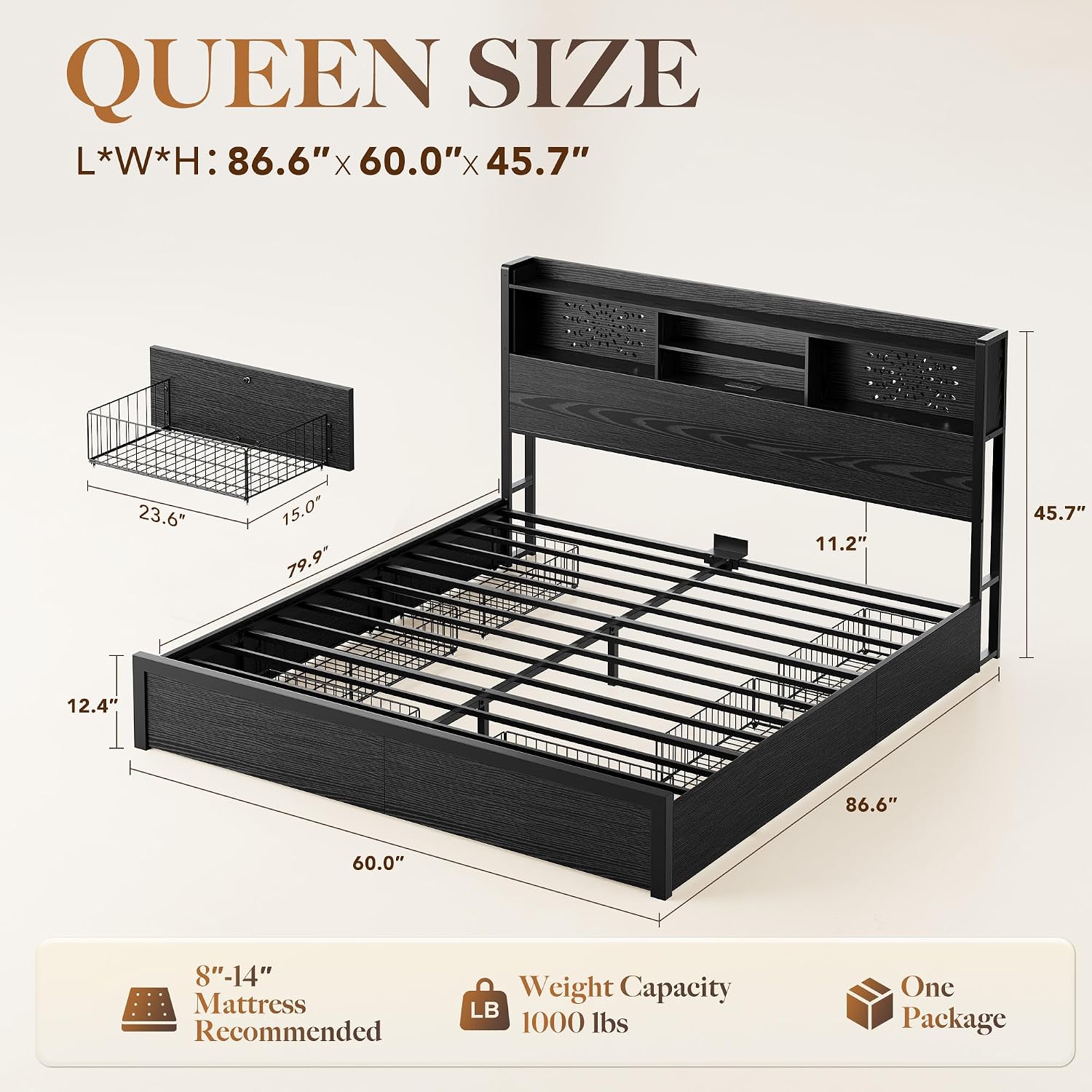 Belffin Queen Bed Frame with 6 Storage Drawers and Carving Headboard, Wooden Bed Frame with Charging Station and LED Lights, No Noise and Easy Assembly, No Box Spring Needed, Vintage Black