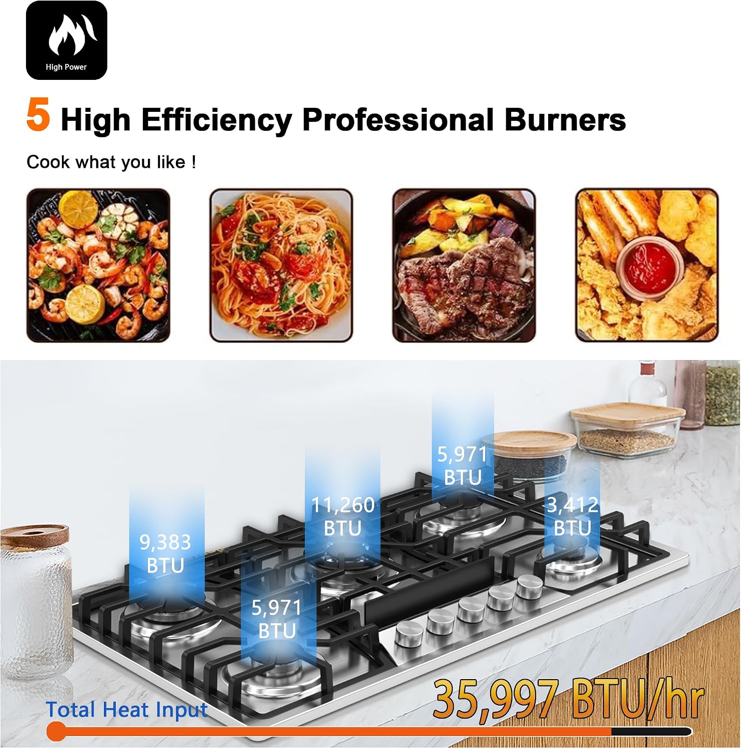 36 Inch Gas Cooktop with Griddle, Gas Stove Top with 5, Reversible Cast Iron Grill/Griddle, NG/LPG Convertible, with Thermocouple Protection, Stainless Steel