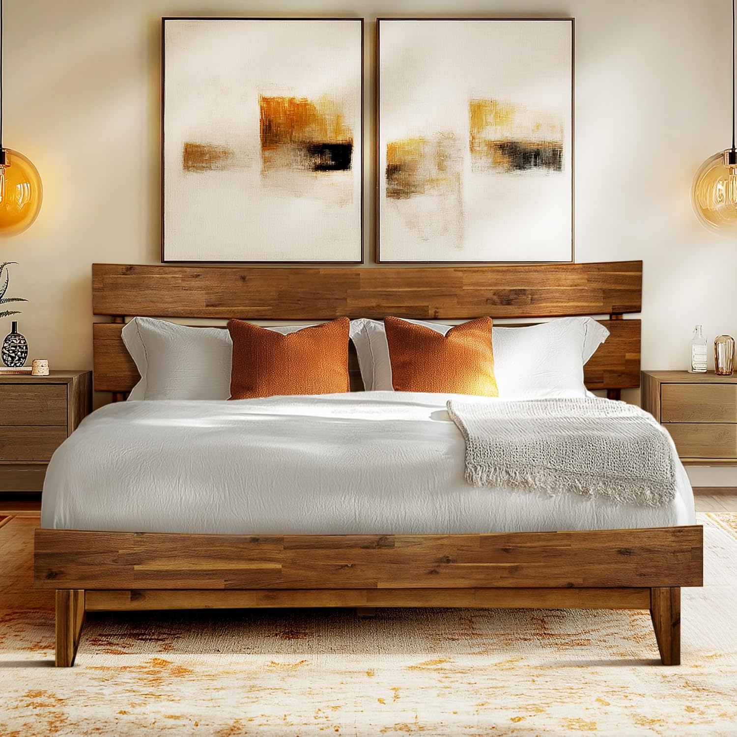 Acacia Aurora Wooden Bed with Headboard, Queen Size Bed Frame, 800lbs Capacity Wood Bed Compatible with All Mattress Types, Non-Slip & Noise-Free, Wood Slats Support, Easy Assembly, Walnut