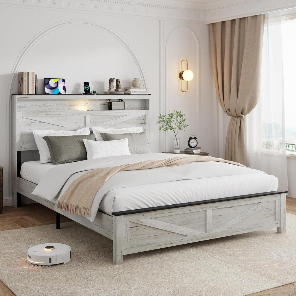 Full Size Bed Frame with Headboard, Rustic Farmhouse Wood Bed Frame with LED Lights and Charging Station, Easy Assembly, No Box Spring Needed (White, Full)