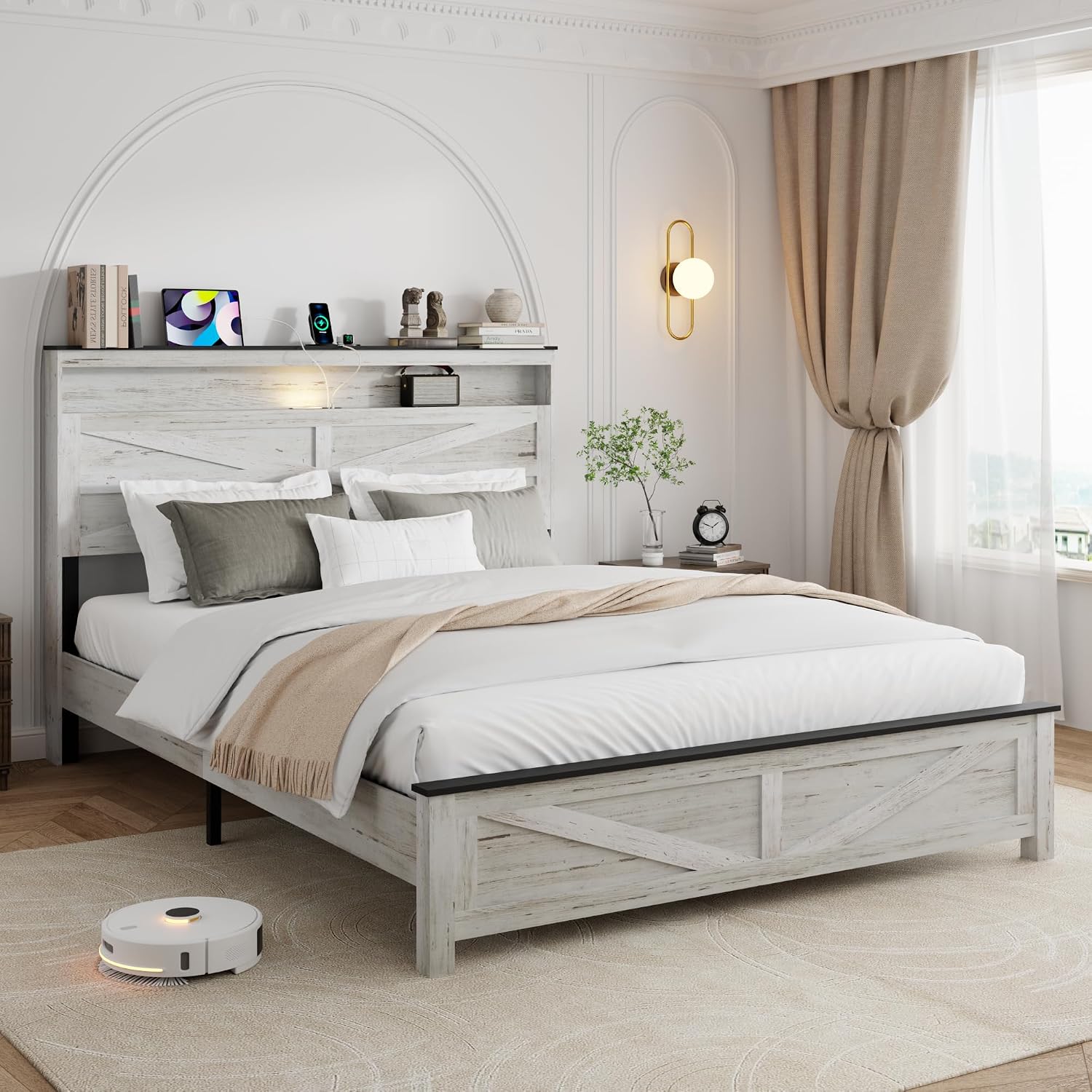 Full Size Bed Frame with Headboard, Rustic Farmhouse Wood Bed Frame with LED Lights and Charging Station, Easy Assembly, No Box Spring Needed (White, Full)