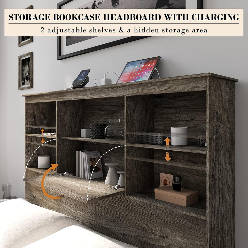AMERLIFE Queen Size Bed Frame Wooden Platform Bed with 51.2' LED Storage Bookcase Headboard, 4 Storage Drawers & Charging Station/No Box Spring Needed/Noise Free/Rustic Grey