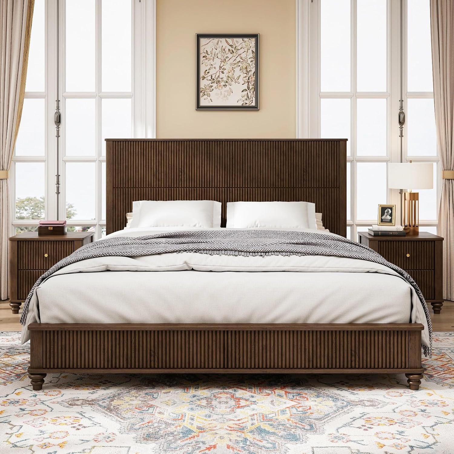 Wood King Size Bed Frame,King Size Platform Bed with Headboard, Tall Walnut Finish, No Box Spring Needed, Durable Slat Support for Memory Foam Mattresses, Elegant Design (Walnut, King)
