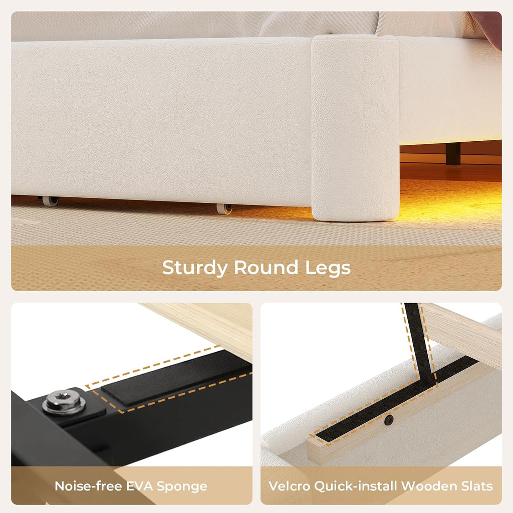 MSmask Full LED Bed Frame with Storage Headboard & 2 Storage Drawers, Princess Upholstered Bed with Charging Station & Crystal Button & Crown, Velvet Platform Bed for Girls, Curved Legs, Cream White