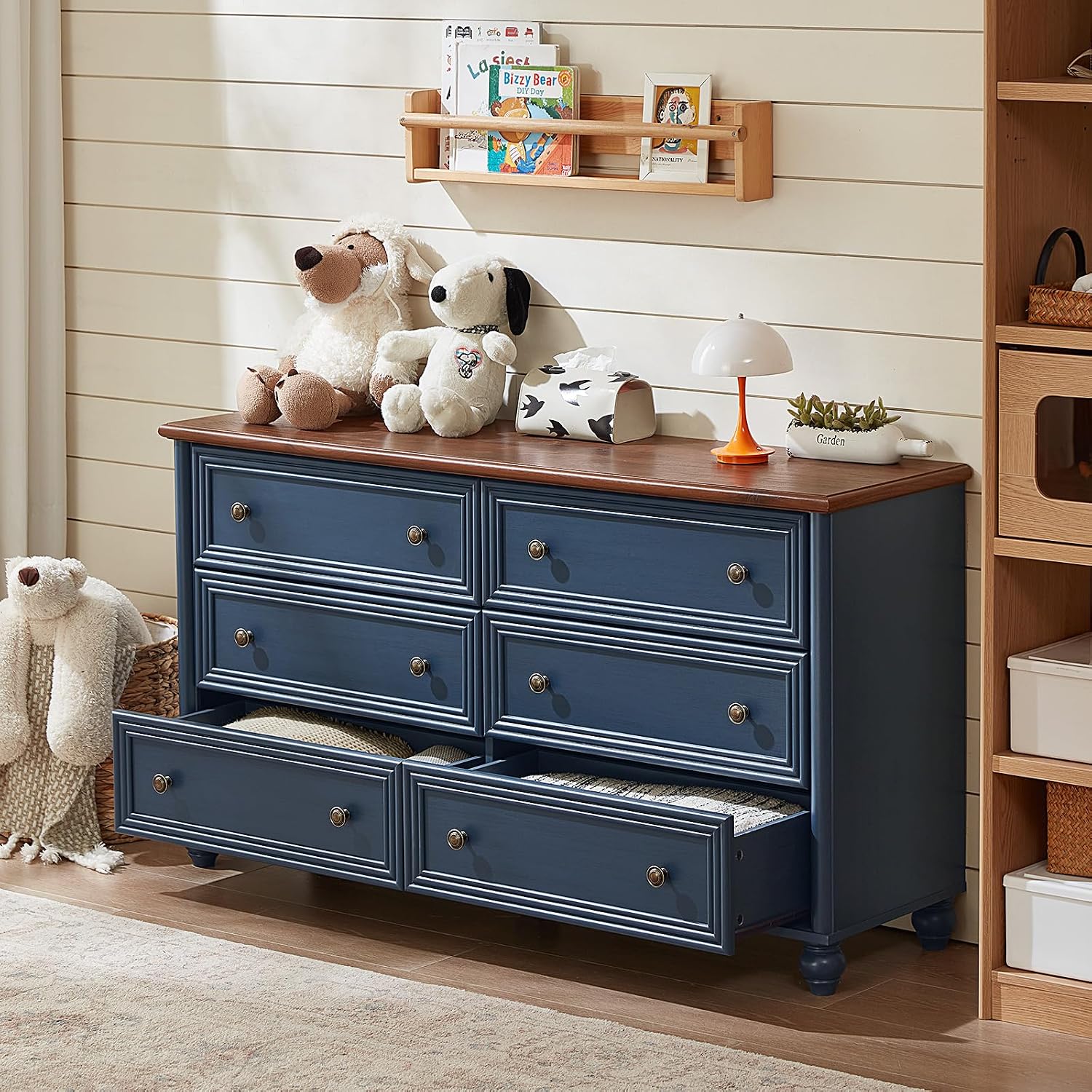 RWYHG Farmhouse Dresser and Nightstand Sets 4 Piece, Wooden 6 Drawers Dresser & 43.5' Tall Chest of Drawers, 18' Roman Column Nightstand Set of 2, Furniture Dressers for Bedroom, Living Room