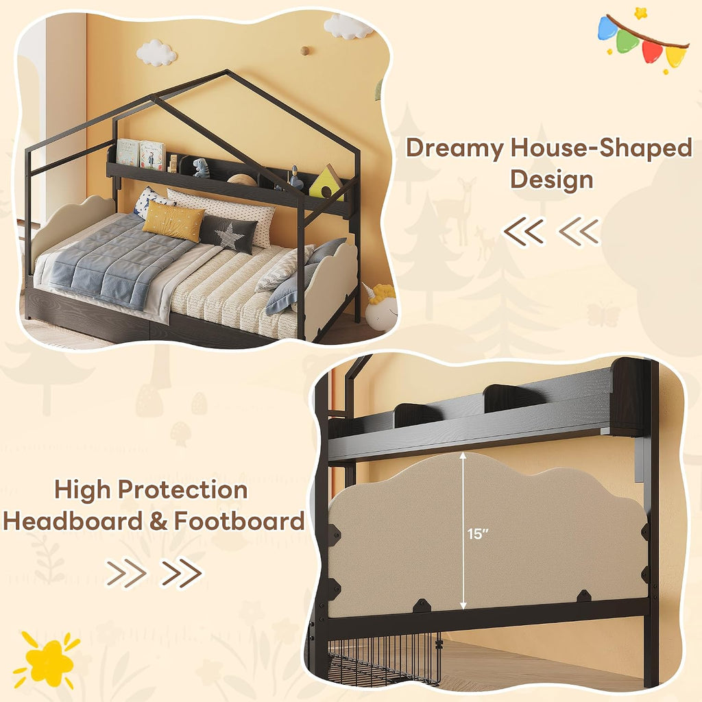 LIKIMIO Twin Corner Bed Frame with 2 Storage Drawers, DIY House Bed with Bookshelf & Curved Upholstered Headboard & Footboard, Twin Bed Frames for Bedroom, No Box Spring Needed, Black-White