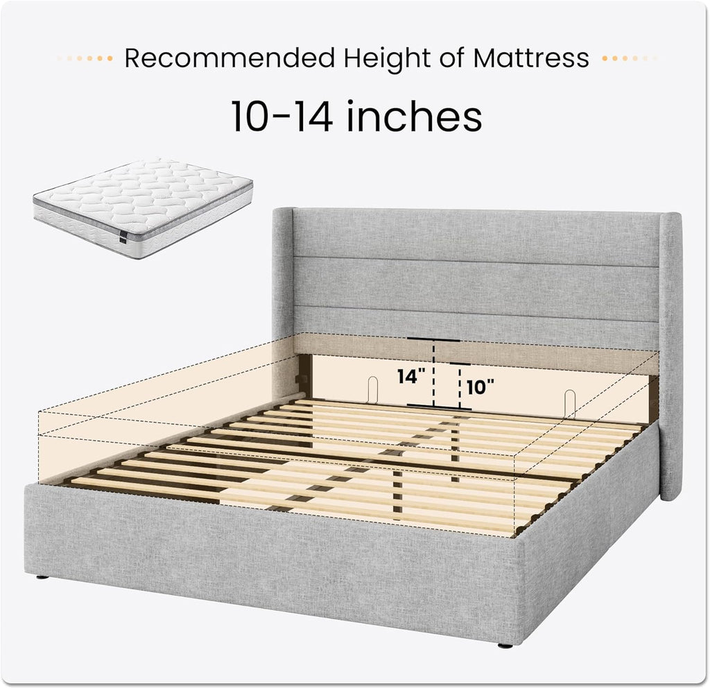 SHA CERLIN Queen Size Lift Up Storage Bed/Modern Wingback Headboard/Upholstered Platform Bed Frame/Hydraulic Storage/No Box Spring Needed/Wood Slats Support/Light Grey