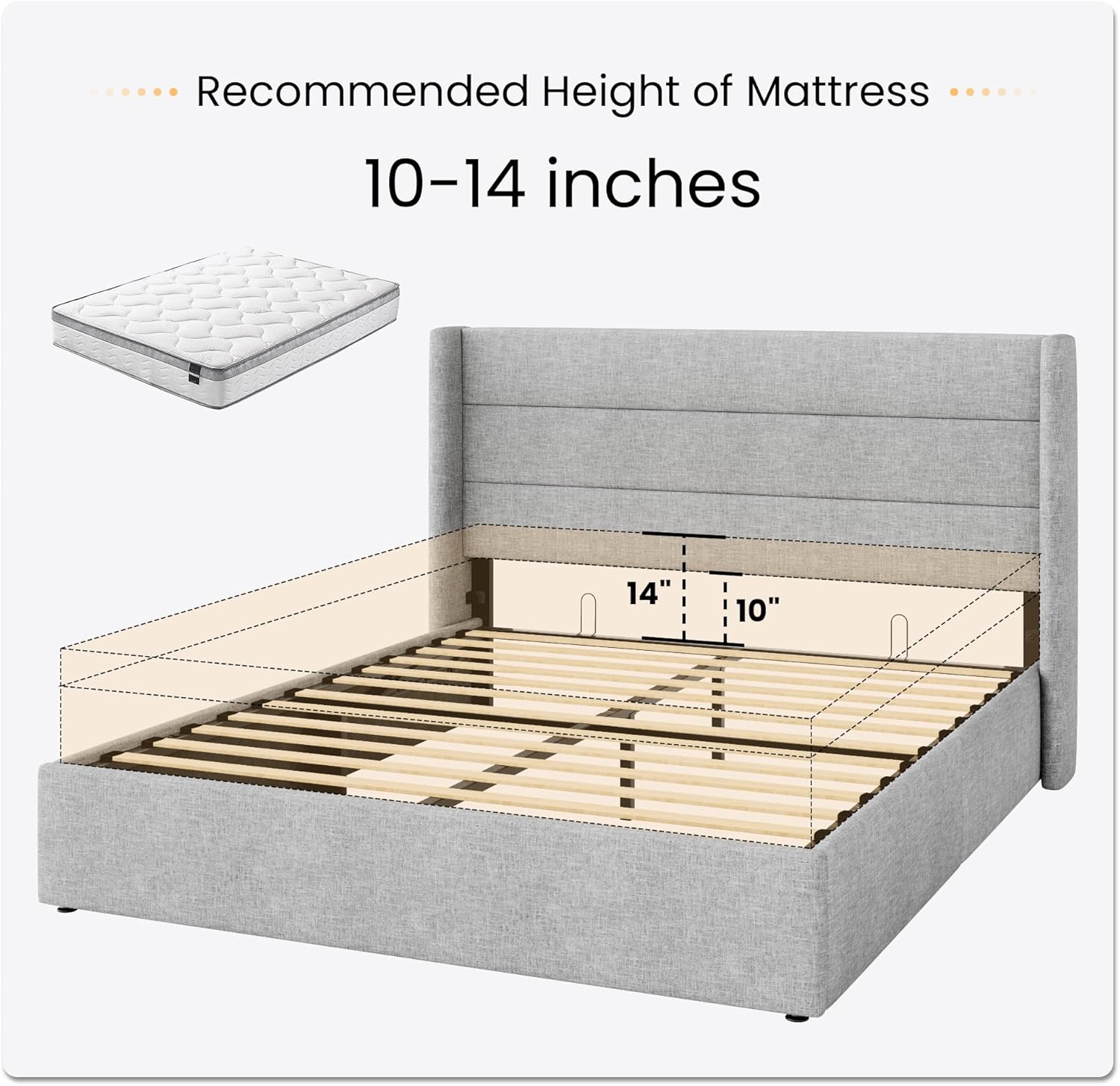 SHA CERLIN Queen Size Lift Up Storage Bed/Modern Wingback Headboard/Upholstered Platform Bed Frame/Hydraulic Storage/No Box Spring Needed/Wood Slats Support/Light Grey