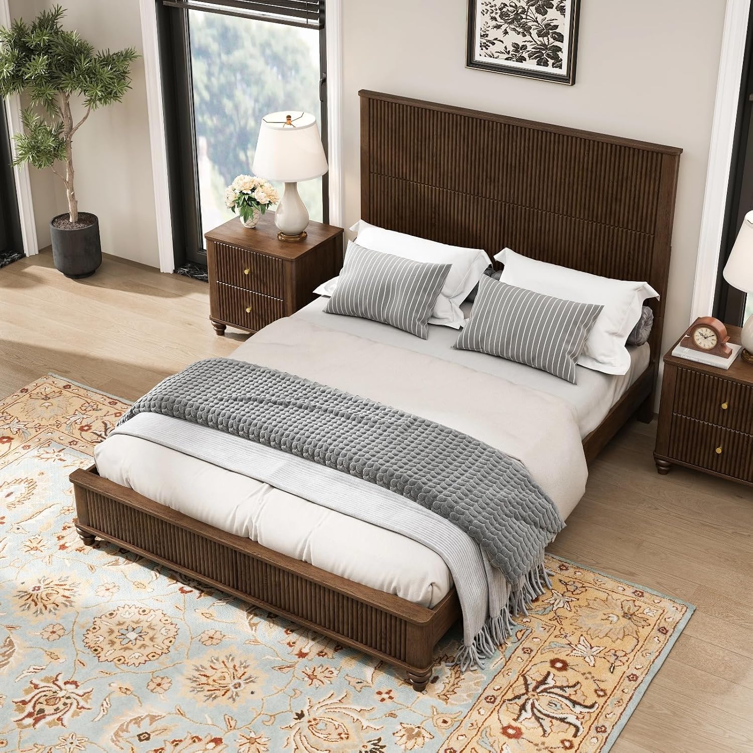 Solid Wood Queen Platform Bed Frame with Headboard, Tall Walnut Finish, No Box Spring Needed, Durable Slat Support for Memory Foam Mattresses, Elegant Design (Walnut, Queen)