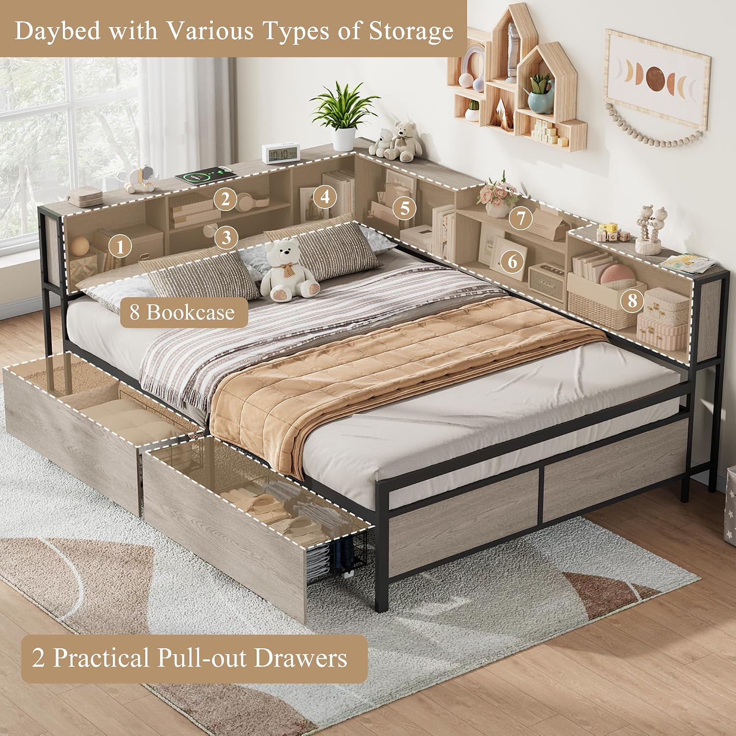 Corner Bed Frame with High Footboard Design, Full Size Bed Frame with 2 Storage Drawers and 8 Bookcases, Full Size Daybed with Charging Station for Kids Teens