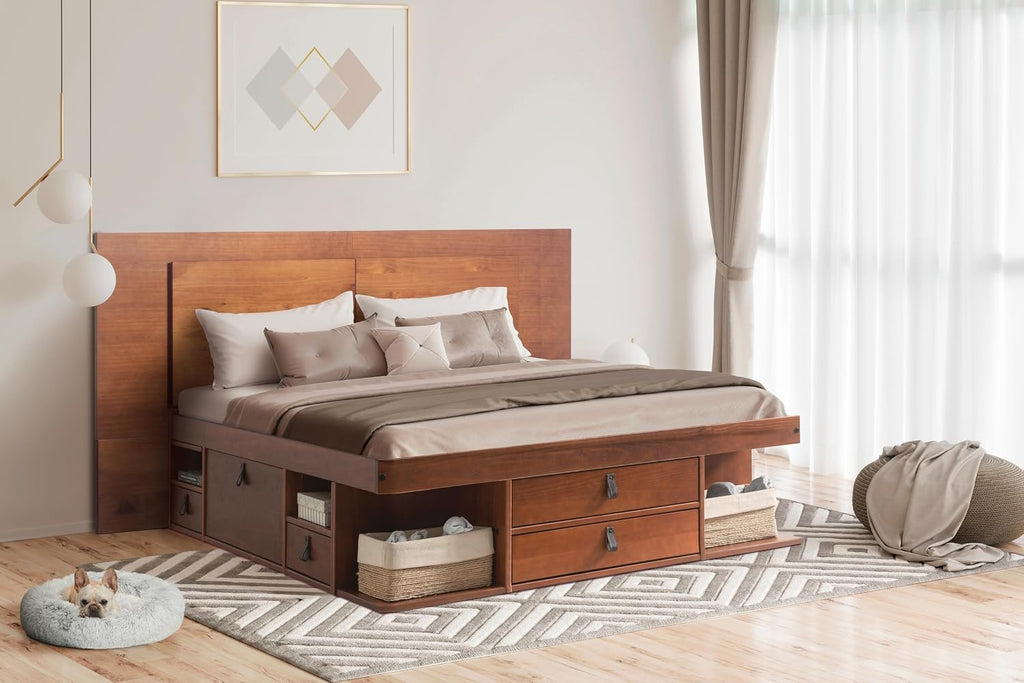memomad Bali Slim Set: Storage Platform Bed with Drawers + Flat Panel Headboard (Full Size, Caramel Brown Wood)